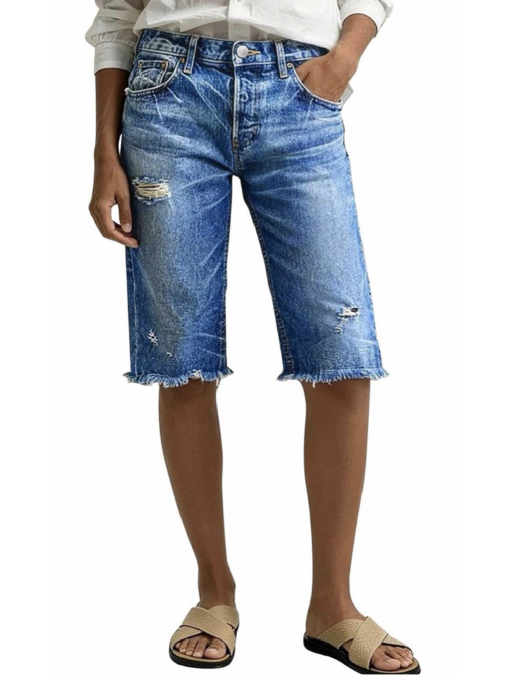 Flamingals Straight Leg Bermuda High Waist Raw Hem Ripped Shorts XL